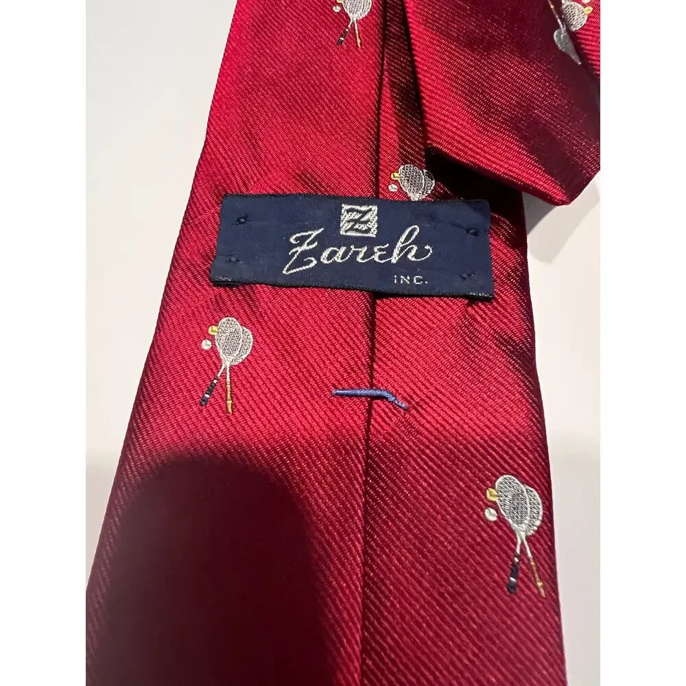 Zareh Men's Red Silk Necktie Made in Italy Tennis Rackets Print JL